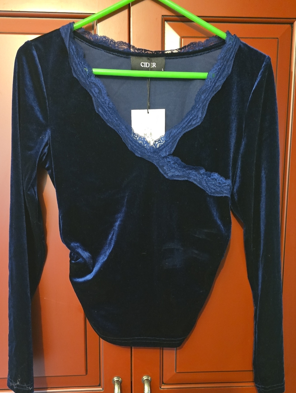 Cider Dark Navy Velvet Lace-Trim Long Sleeve Top